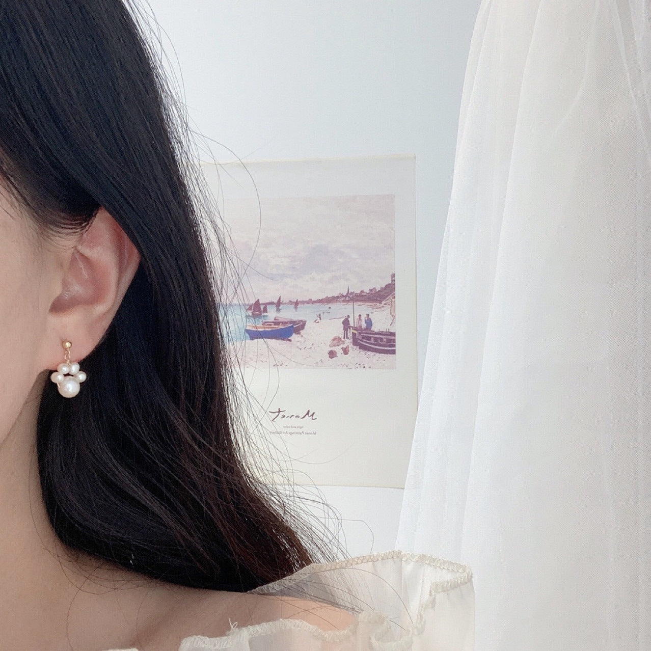 Wholesale Long Tassel Cat Claw 14k Gold Pearl Pendant Earrings